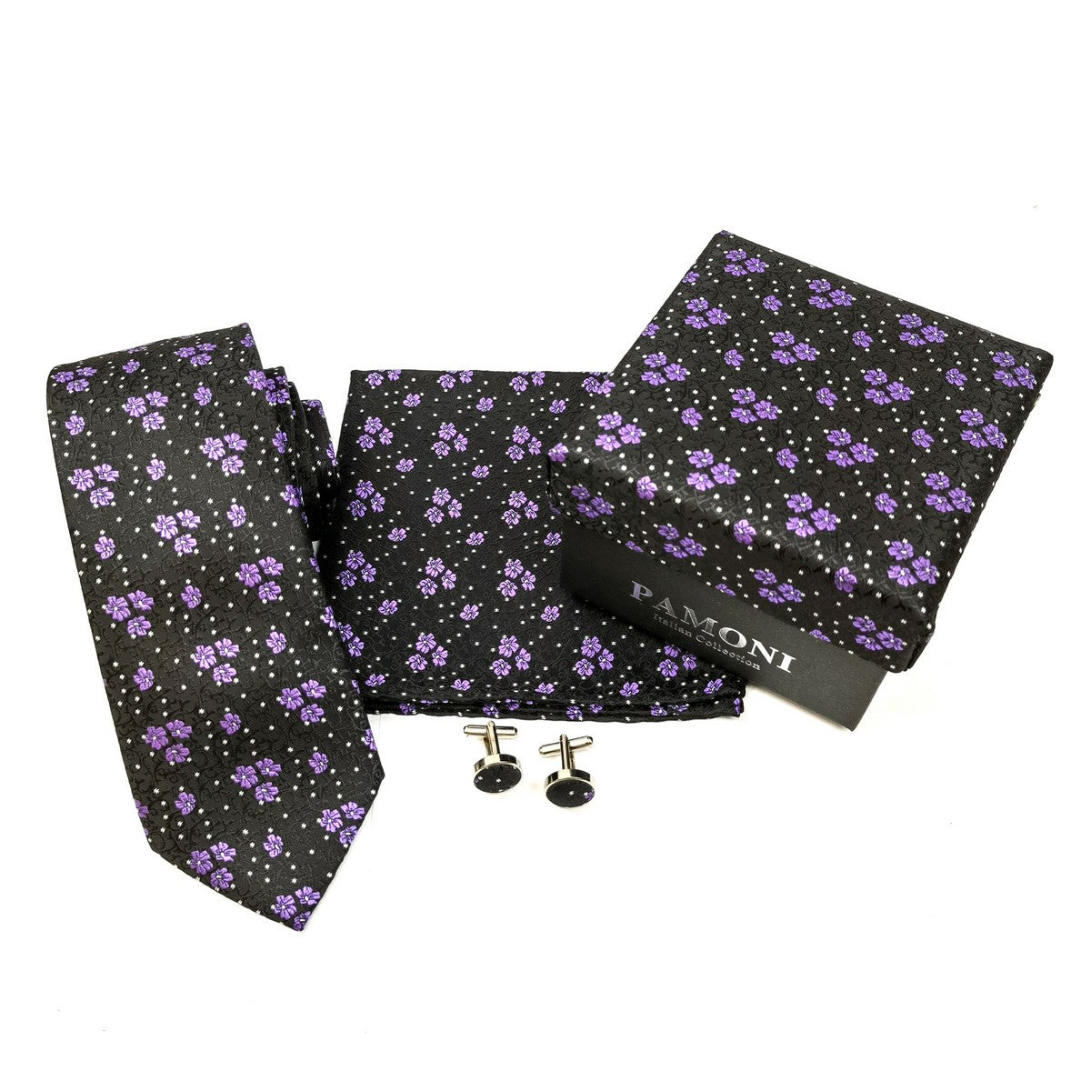 Black Lilac Motif Tie & Cufflinks Set-1