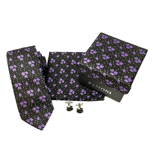 Black Lilac Motif Tie & Cufflinks Set-1