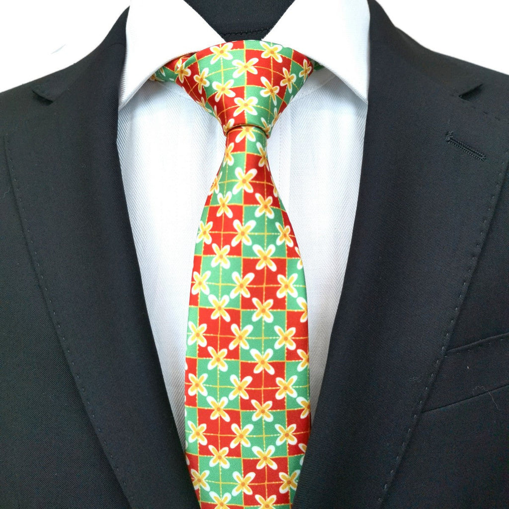 Green Coral Square Geometric Tie-1