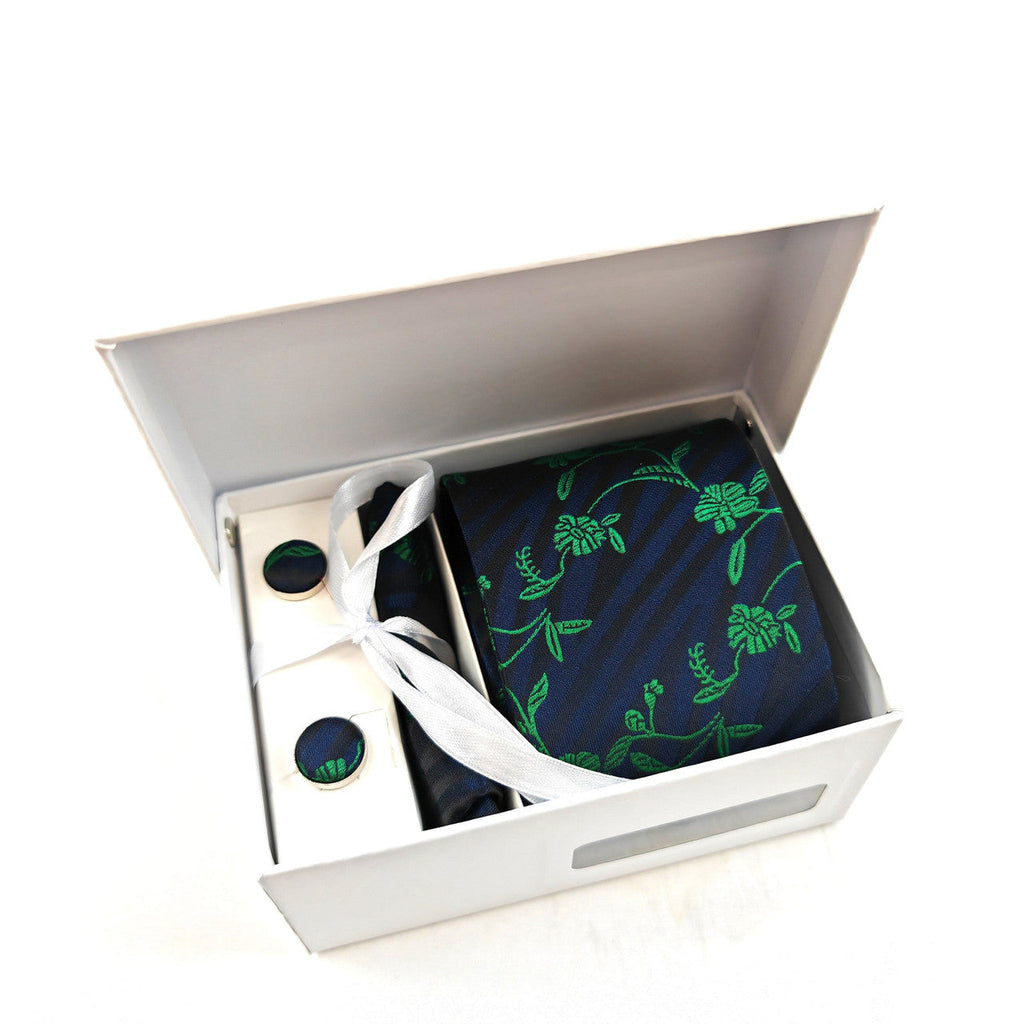 Navy Green Floral Tie & Cufflinks Set-0
