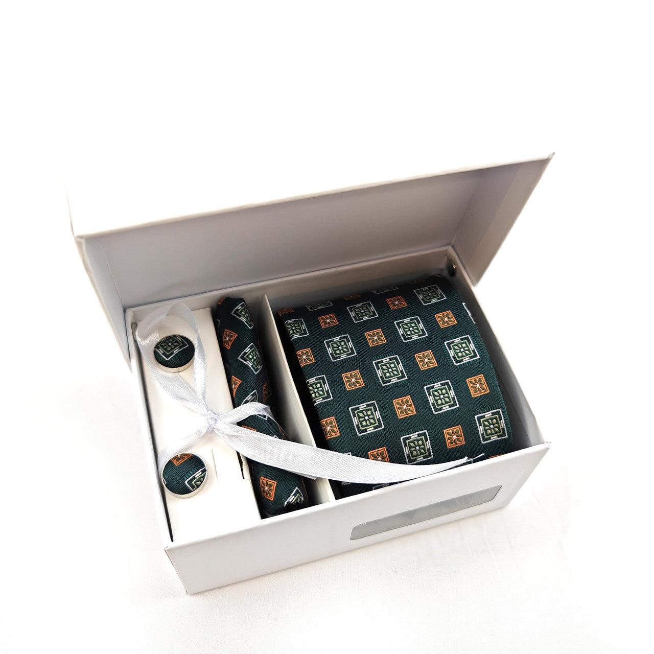 Green and Orange Geometric Tie & Cufflinks Set-0