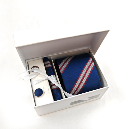 Blue and Red Silver Bold Stripe Tie & Cufflinks Set-0