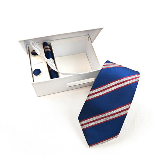 Blue and Red Silver Bold Stripe Tie & Cufflinks Set-1