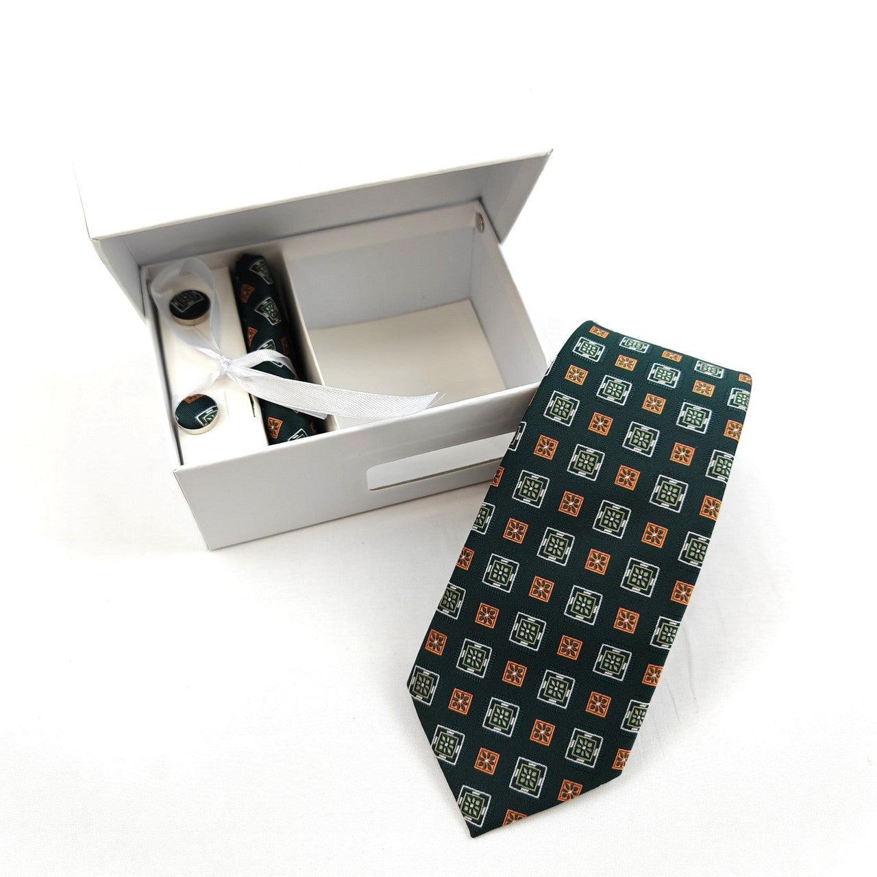 Green and Orange Geometric Tie & Cufflinks Set-1