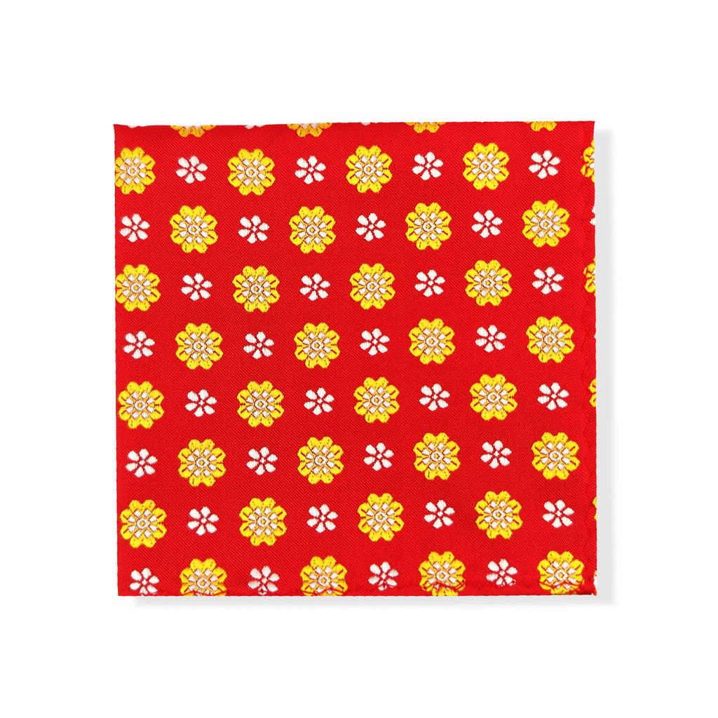 Red Yellow Flower Geometric Tie & Pocket Square Set-1