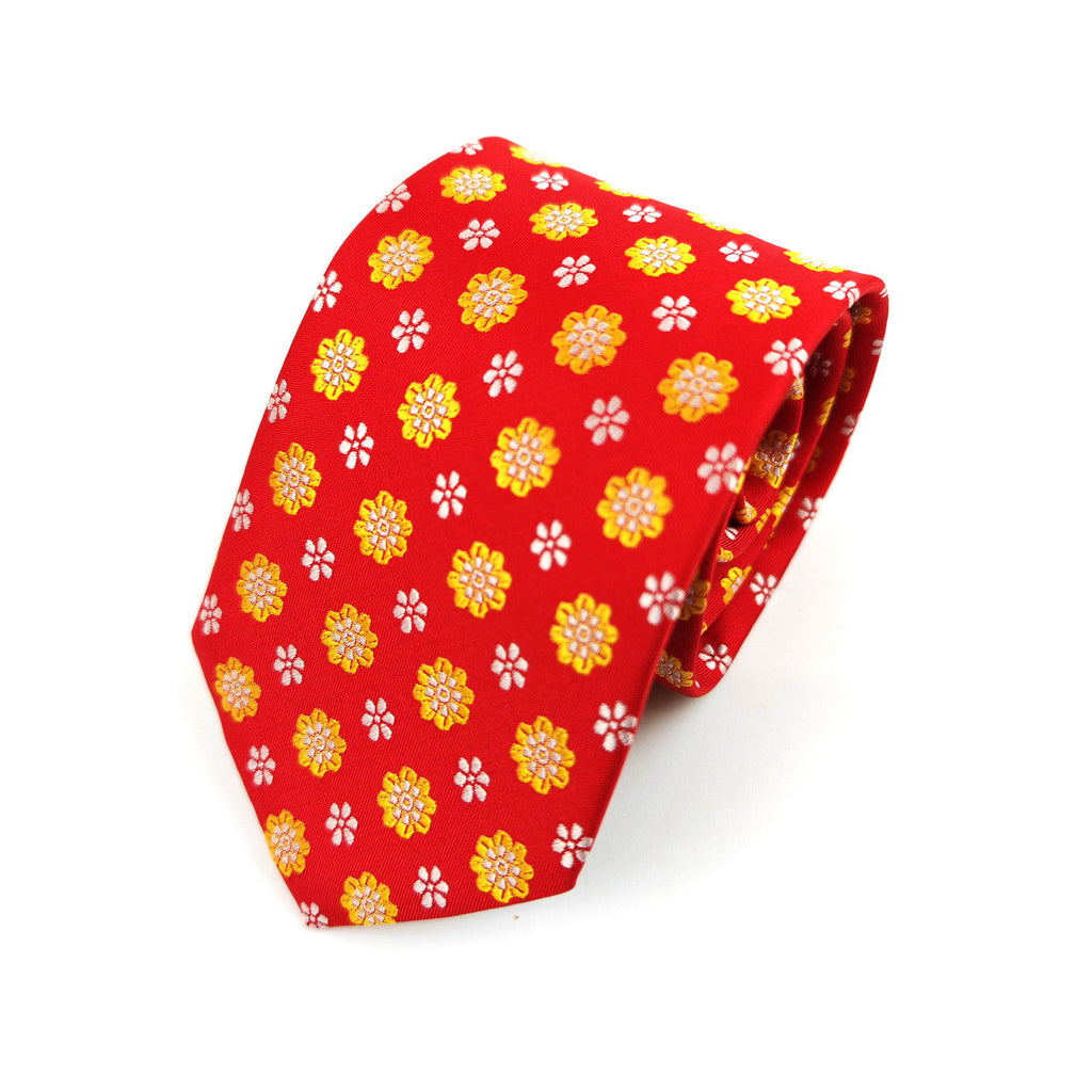 Red Yellow Flower Geometric Tie & Pocket Square Set-2