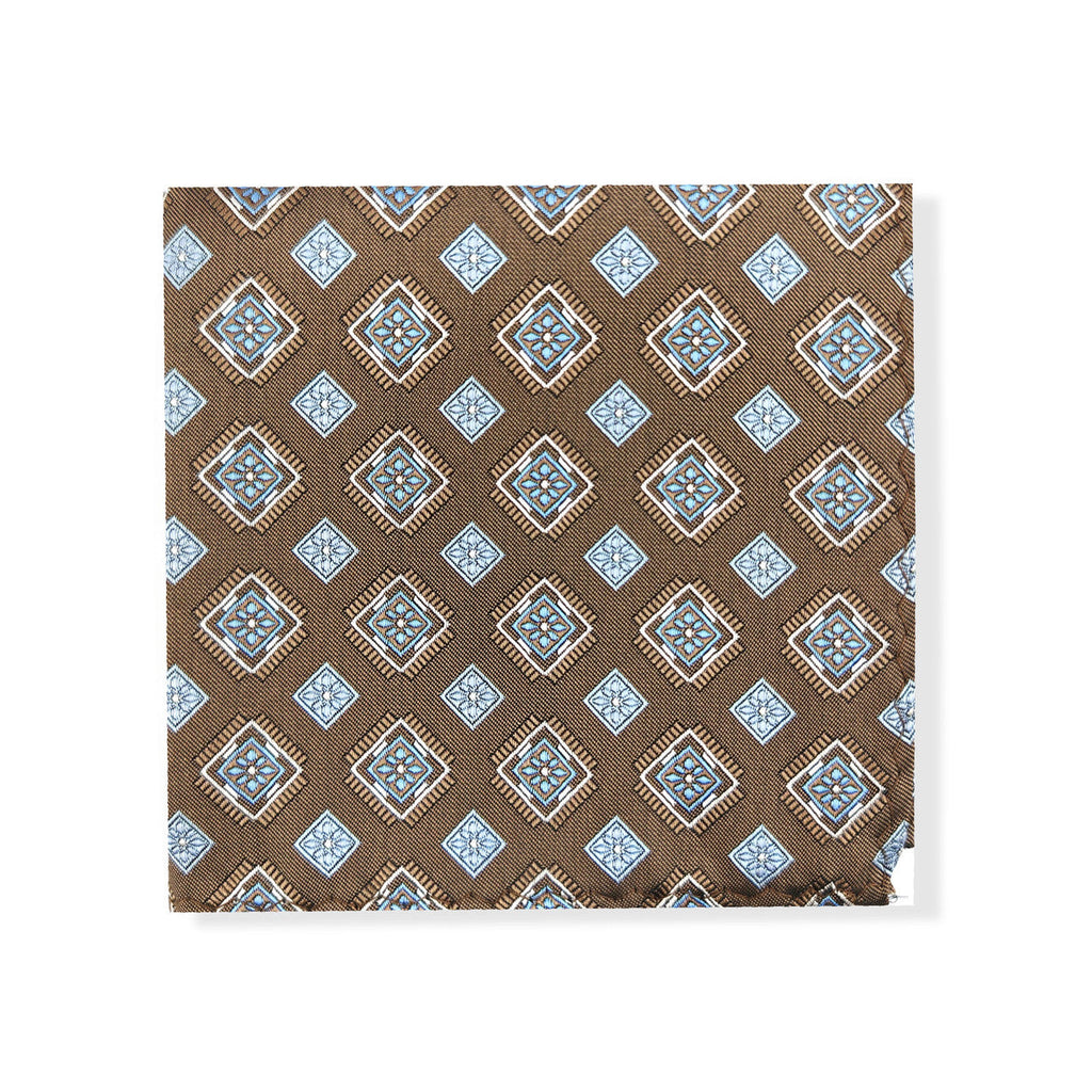 Brown Blue Square Geometric Tie & Pocket Square Set-1