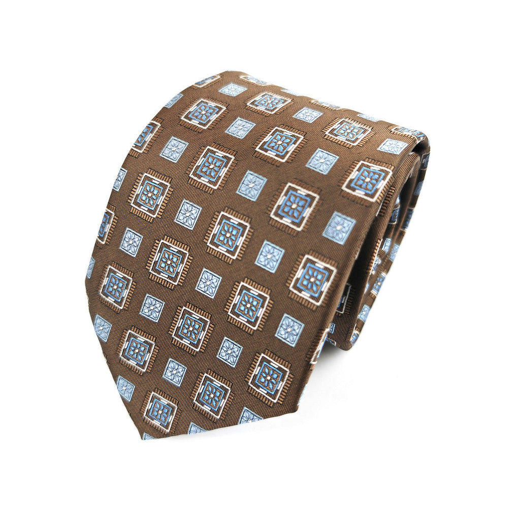 Brown Blue Square Geometric Tie & Pocket Square Set-2