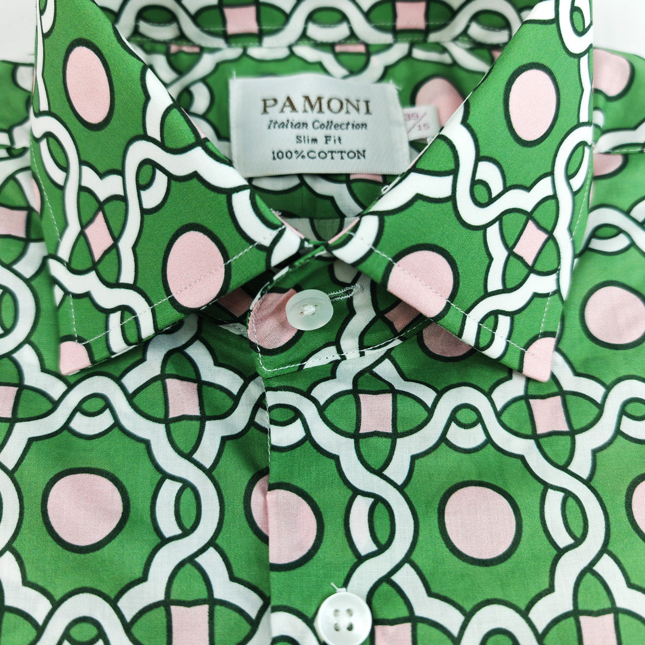 Green with Pink and White Geometric Print Short Sleeves Shirt-2