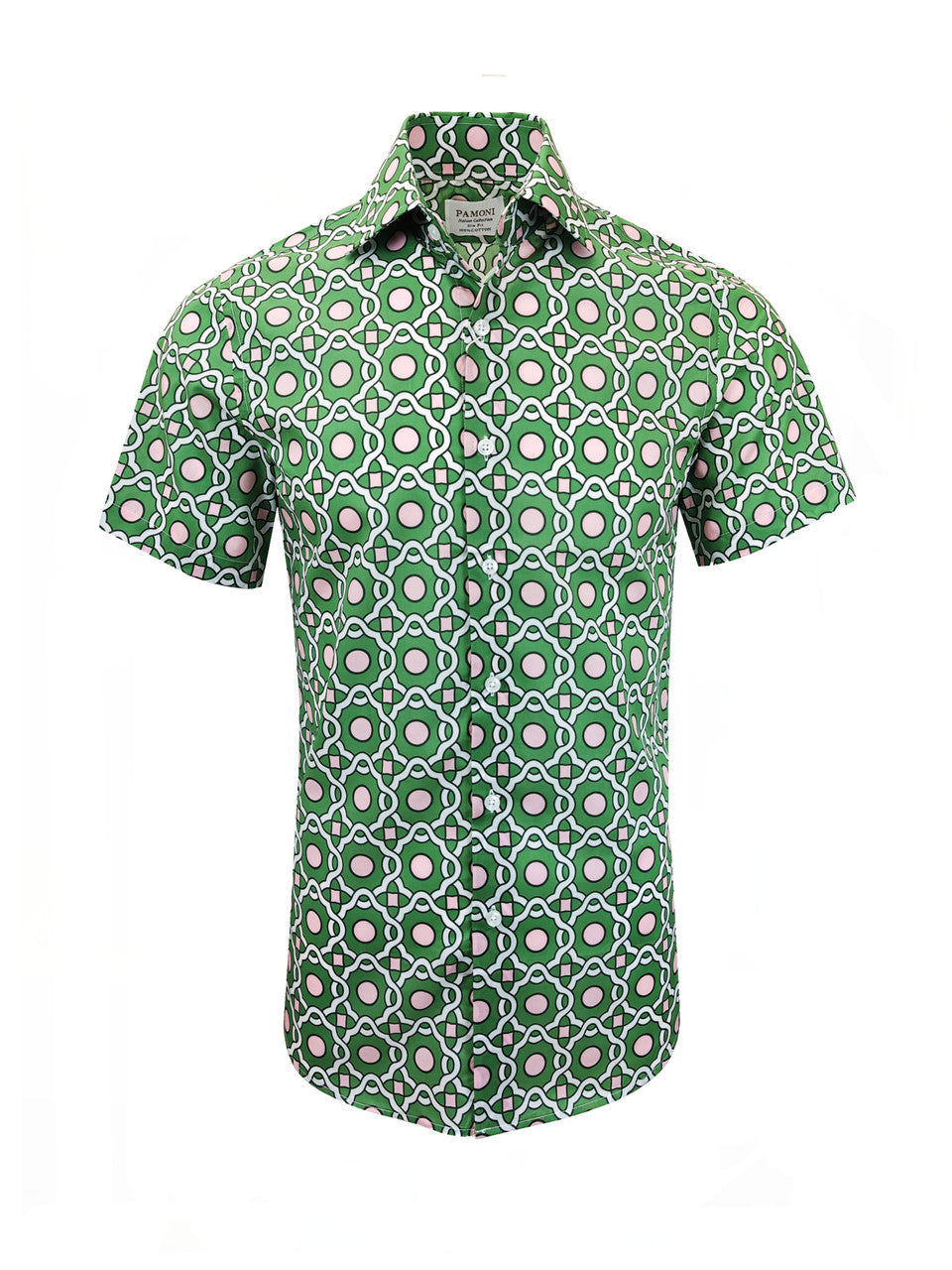 Green with Pink and White Geometric Print Short Sleeves Shirt-0