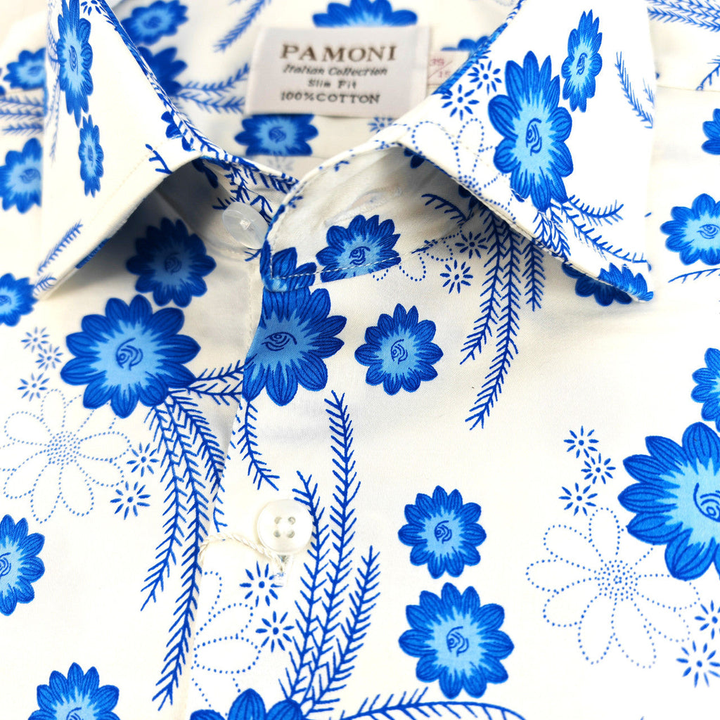 White and Blue Floral Print Short Sleeves Shirt-2