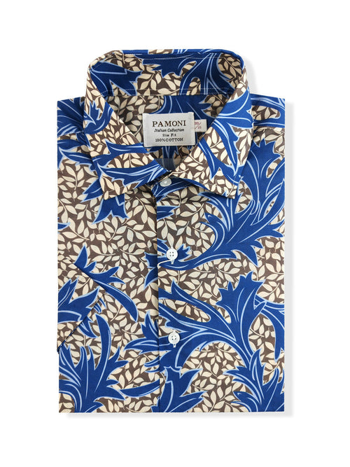 Blue and Brown Floral Print Short Sleeves Shirt-1