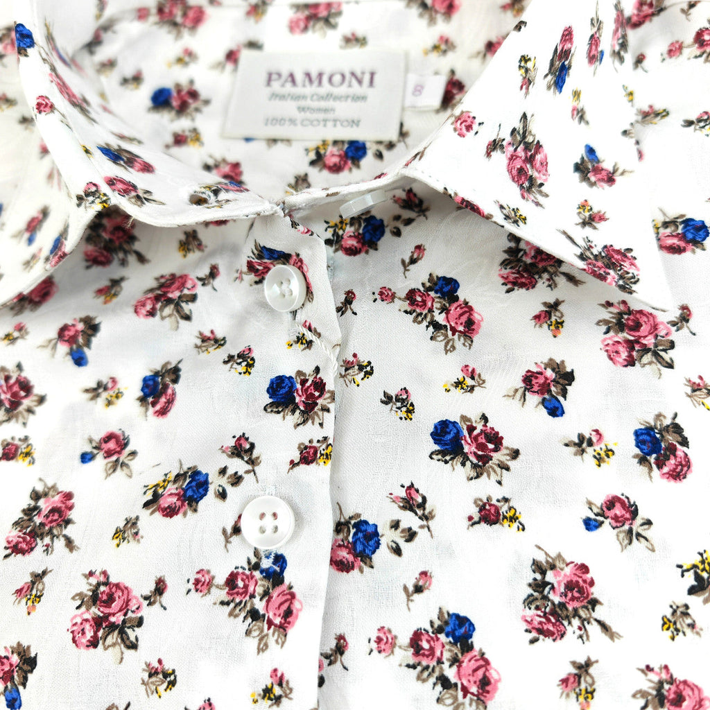 White Pink and Blue Flower Print Women's Shirt-2