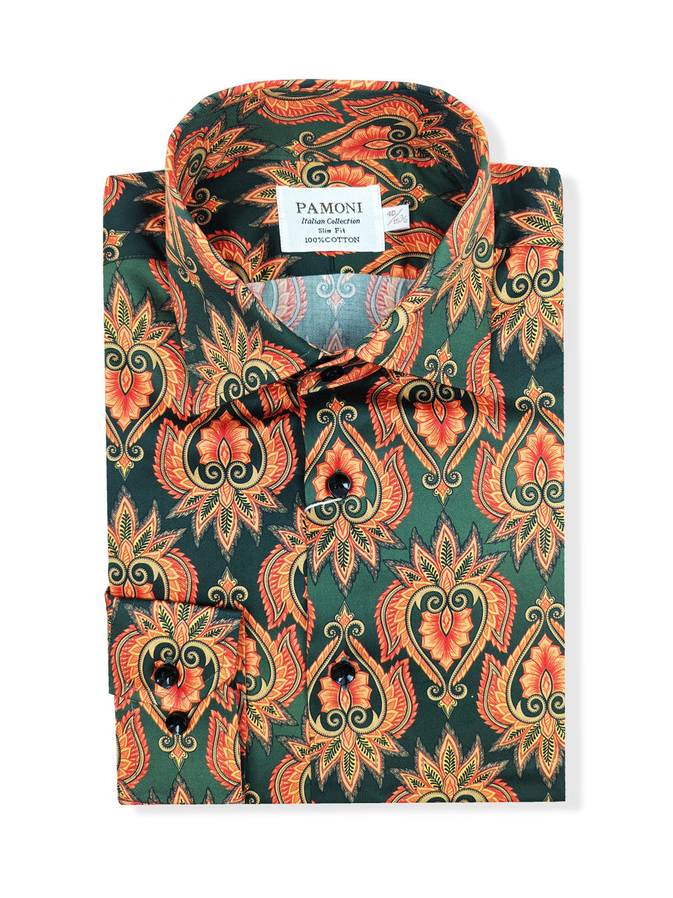 Men's Slim Fit Green Orange Patterned Shirt-1