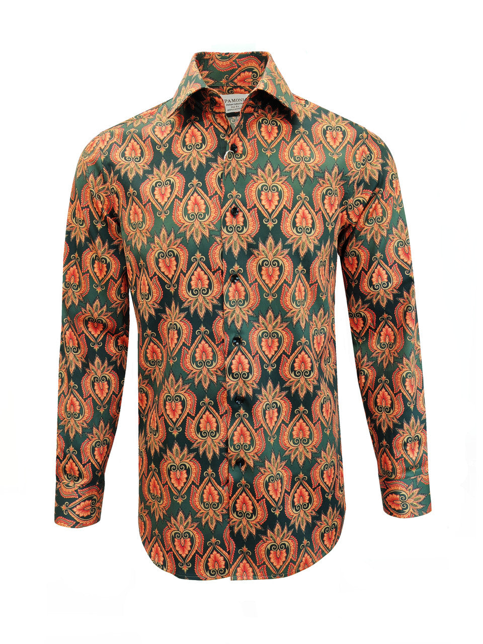 Men's Slim Fit Green Orange Patterned Shirt-0