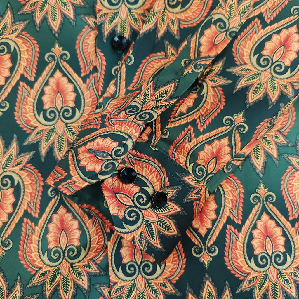 Men's Slim Fit Green Orange Patterned Shirt-2