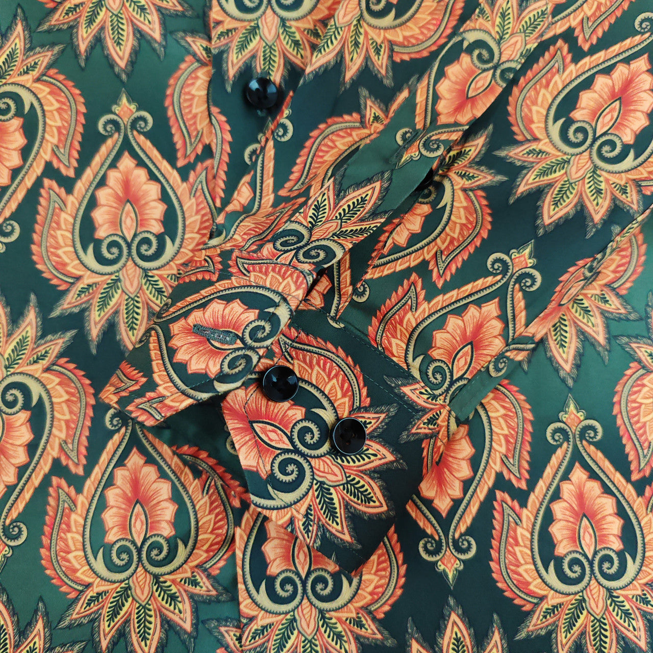 Men's Slim Fit Green Orange Patterned Shirt-2