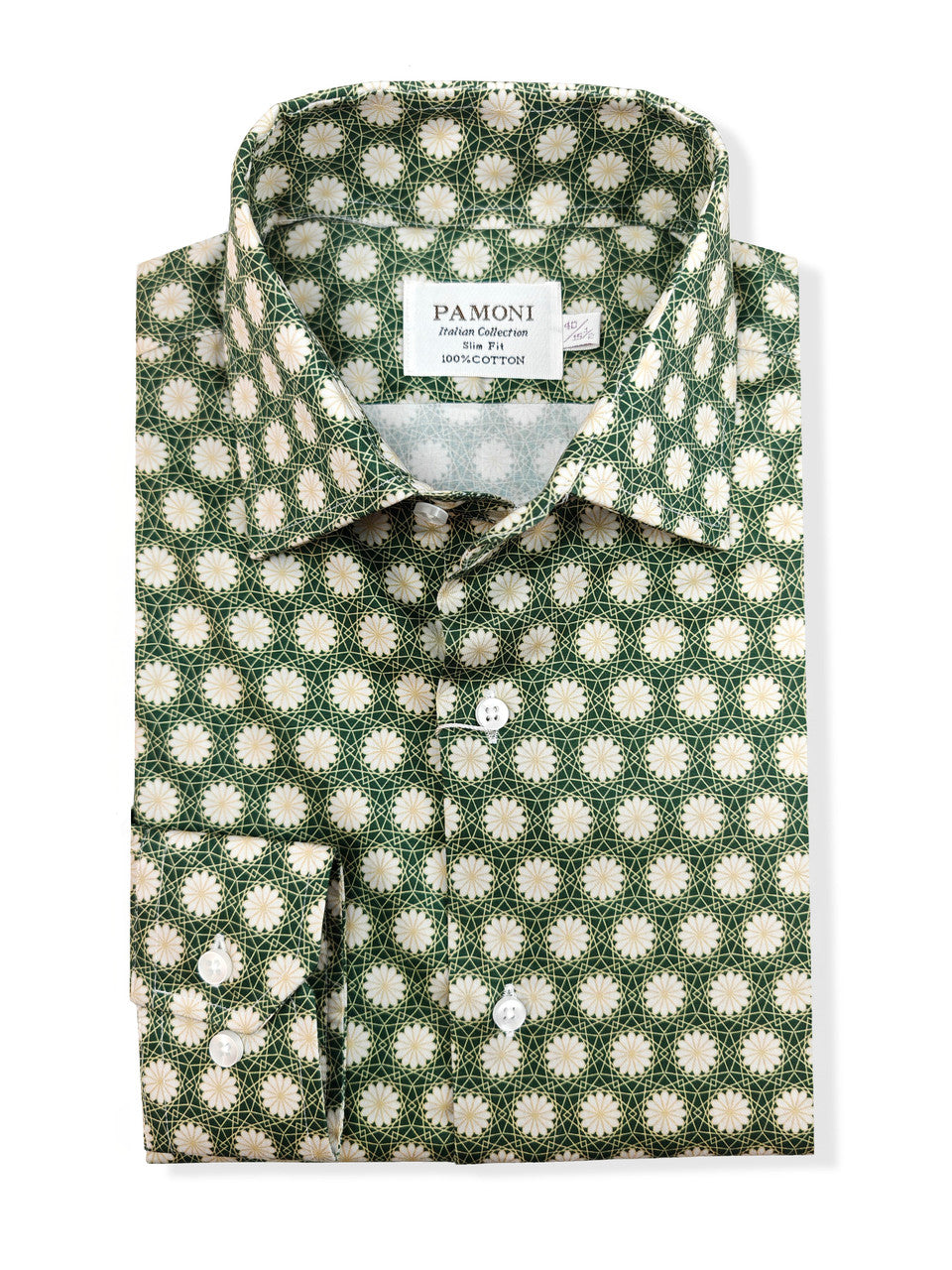 Green Geometric Floral Print Slim Fit Shirt-1