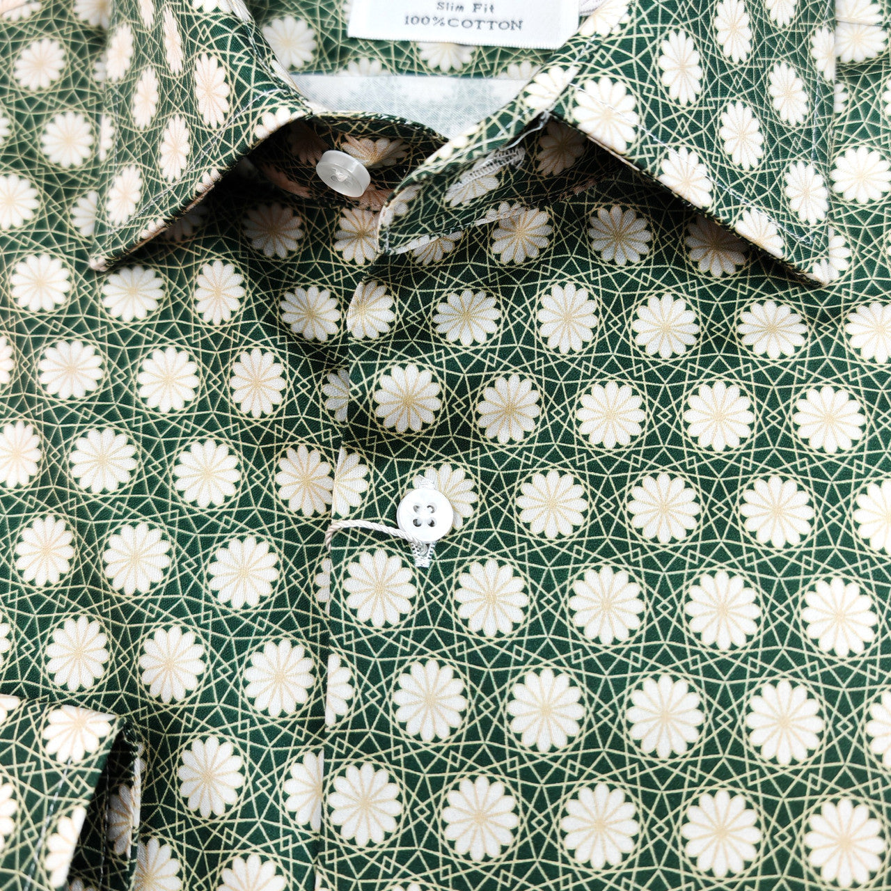 Green Geometric Floral Print Slim Fit Shirt-2