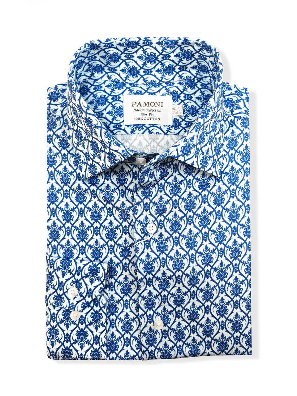Men’s Blue Floral Tile Print Slim Fit Cotton Shirt-1