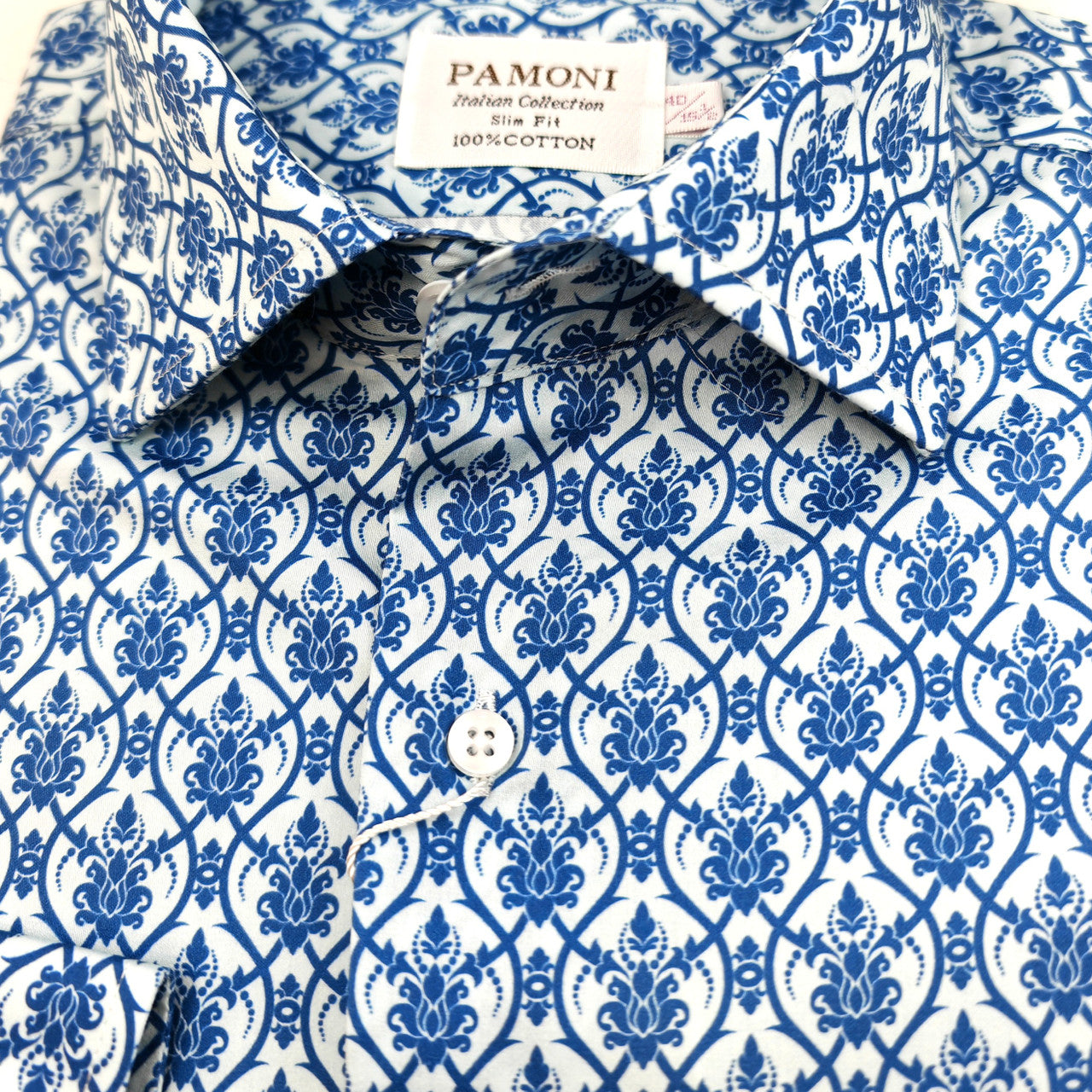 Men’s Blue Floral Tile Print Slim Fit Cotton Shirt-2