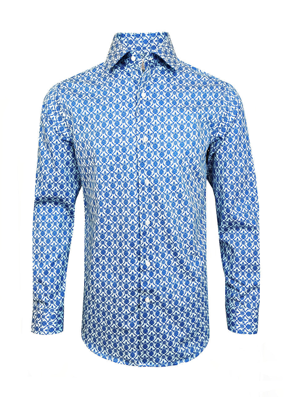 Men’s Blue Floral Tile Print Slim Fit Cotton Shirt-0