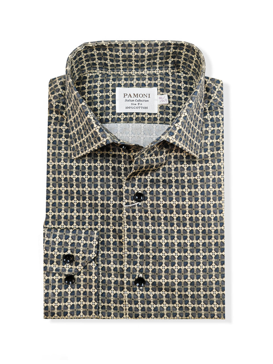 Men’s Beige & Navy Geometric Print Slim Fit Shirt – 100% Cotton-1