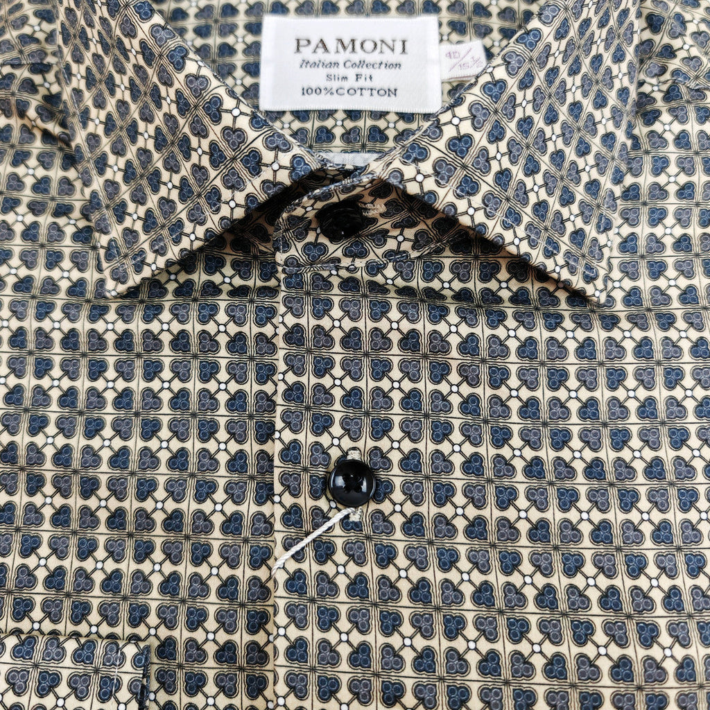 Men’s Beige & Navy Geometric Print Slim Fit Shirt – 100% Cotton-2