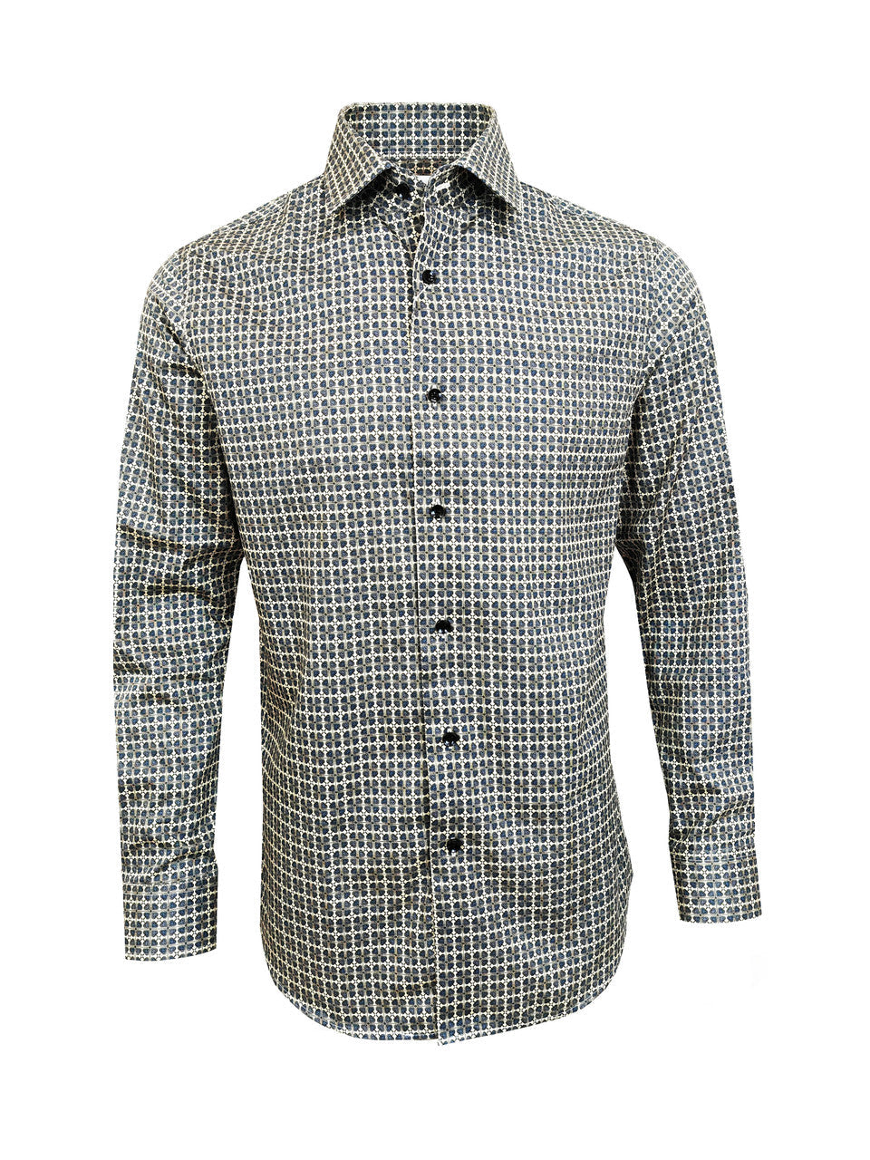 Men’s Beige & Navy Geometric Print Slim Fit Shirt – 100% Cotton-0