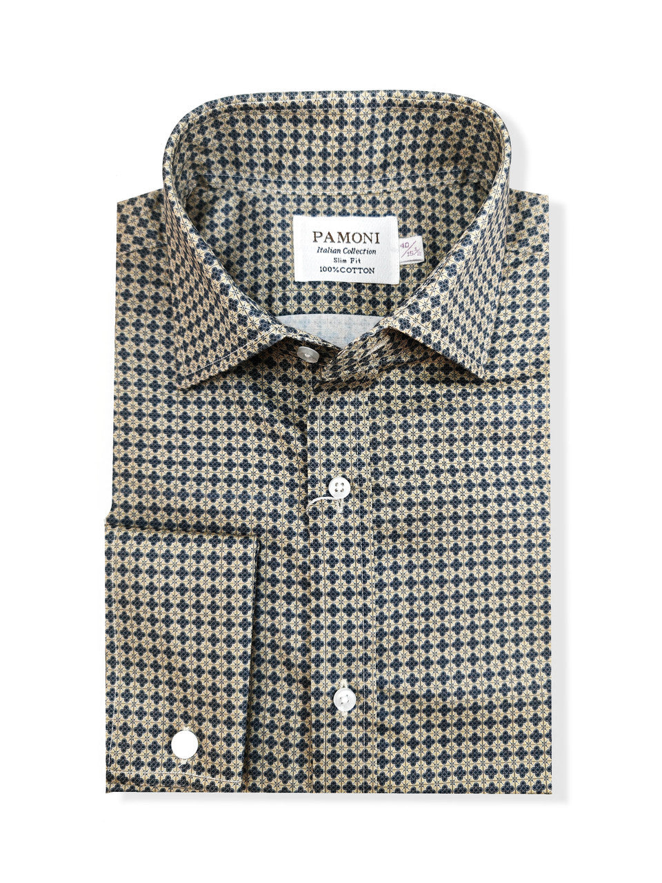 Men’s Beige & Navy Geometric Print Slim Fit Shirt – Double Cuffs, 100% Cotton-1