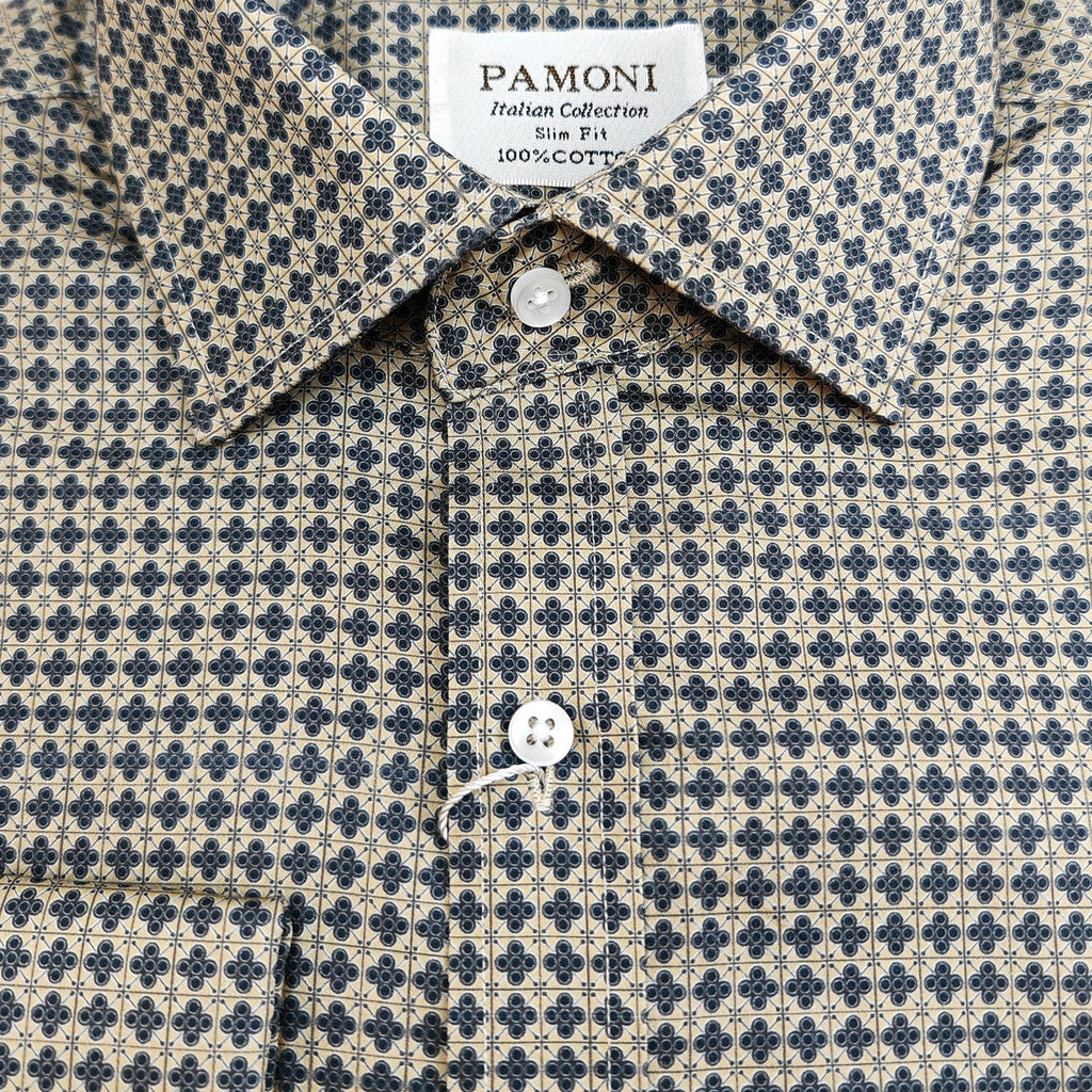 Men’s Beige & Navy Geometric Print Slim Fit Shirt – Double Cuffs, 100% Cotton-2