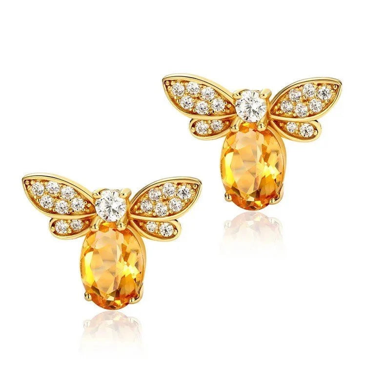 925 Sterling Silver Honey Bee Citrine Stud Earrings  18K Gold Plated