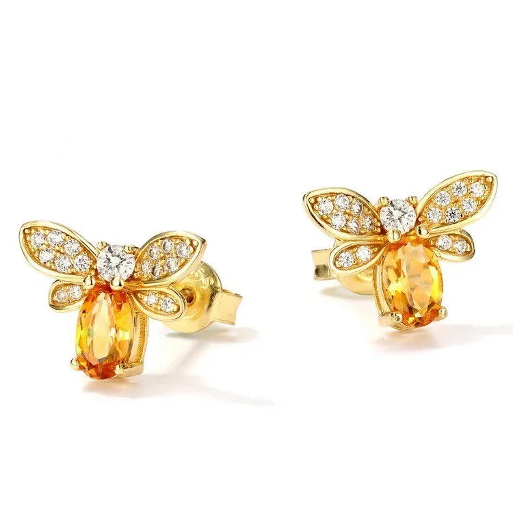 925 Sterling Silver Honey Bee Citrine Stud Earrings  18K Gold Plated