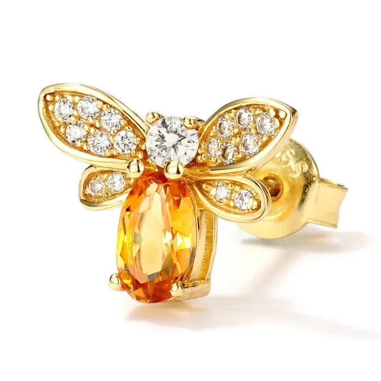 925 Sterling Silver Honey Bee Citrine Stud Earrings  18K Gold Plated