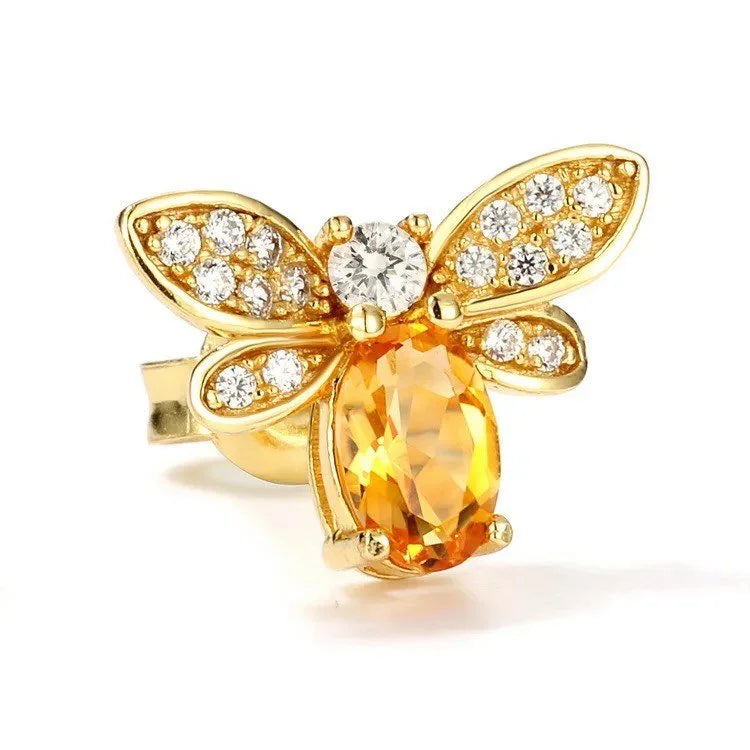 925 Sterling Silver Honey Bee Citrine Stud Earrings  18K Gold Plated