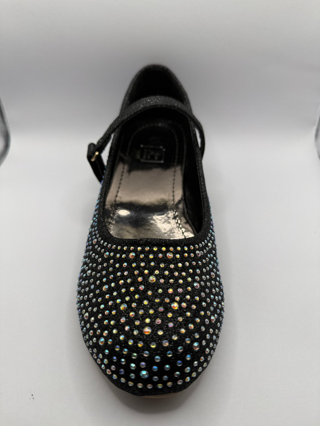 The Shoe Box Boutique Girls Black Glitter Mary Jane Shoes with Iridescent Rhinestones