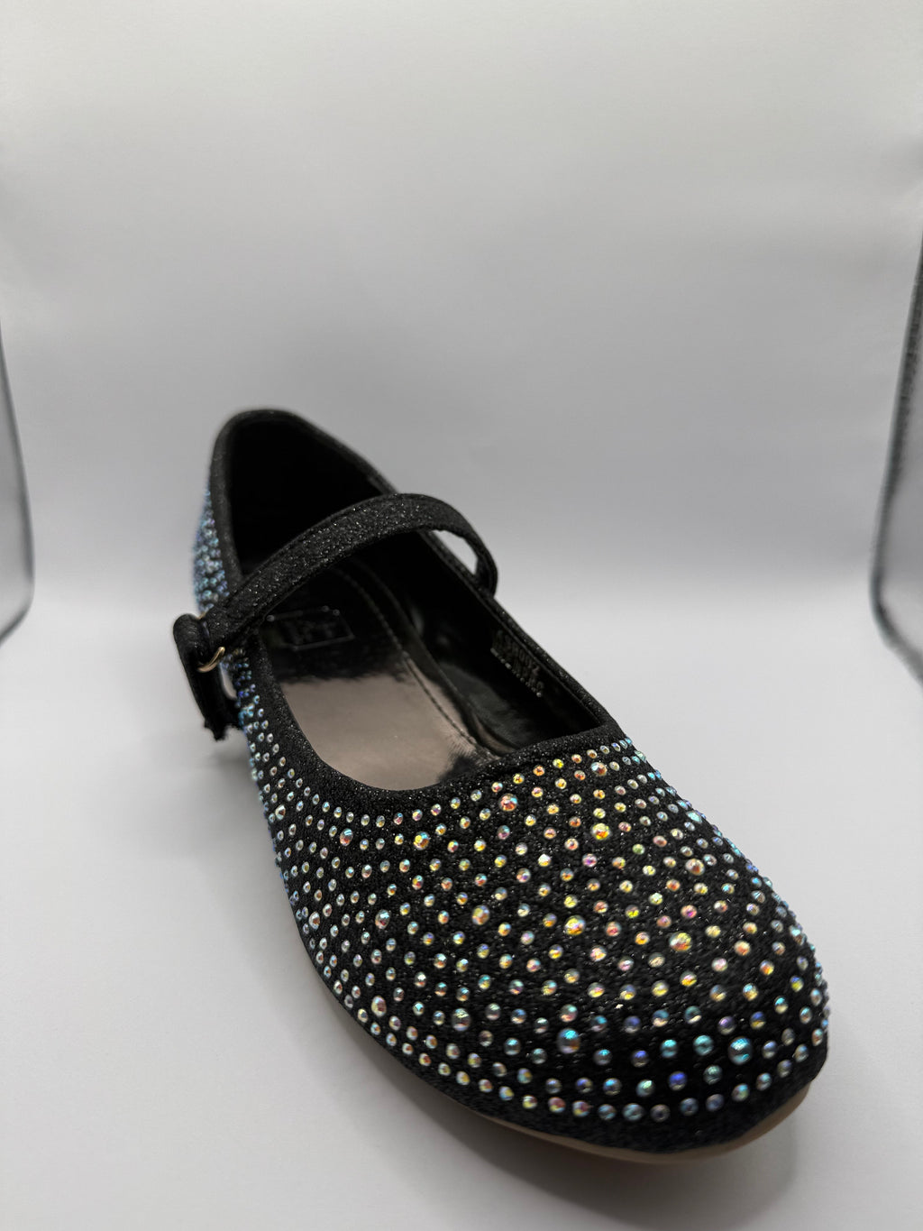 The Shoe Box Boutique Girls Black Glitter Mary Jane Shoes with Iridescent Rhinestones