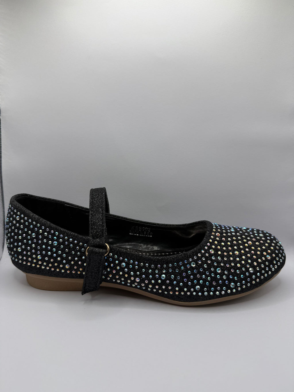 The Shoe Box Boutique Girls Black Glitter Mary Jane Shoes with Iridescent Rhinestones