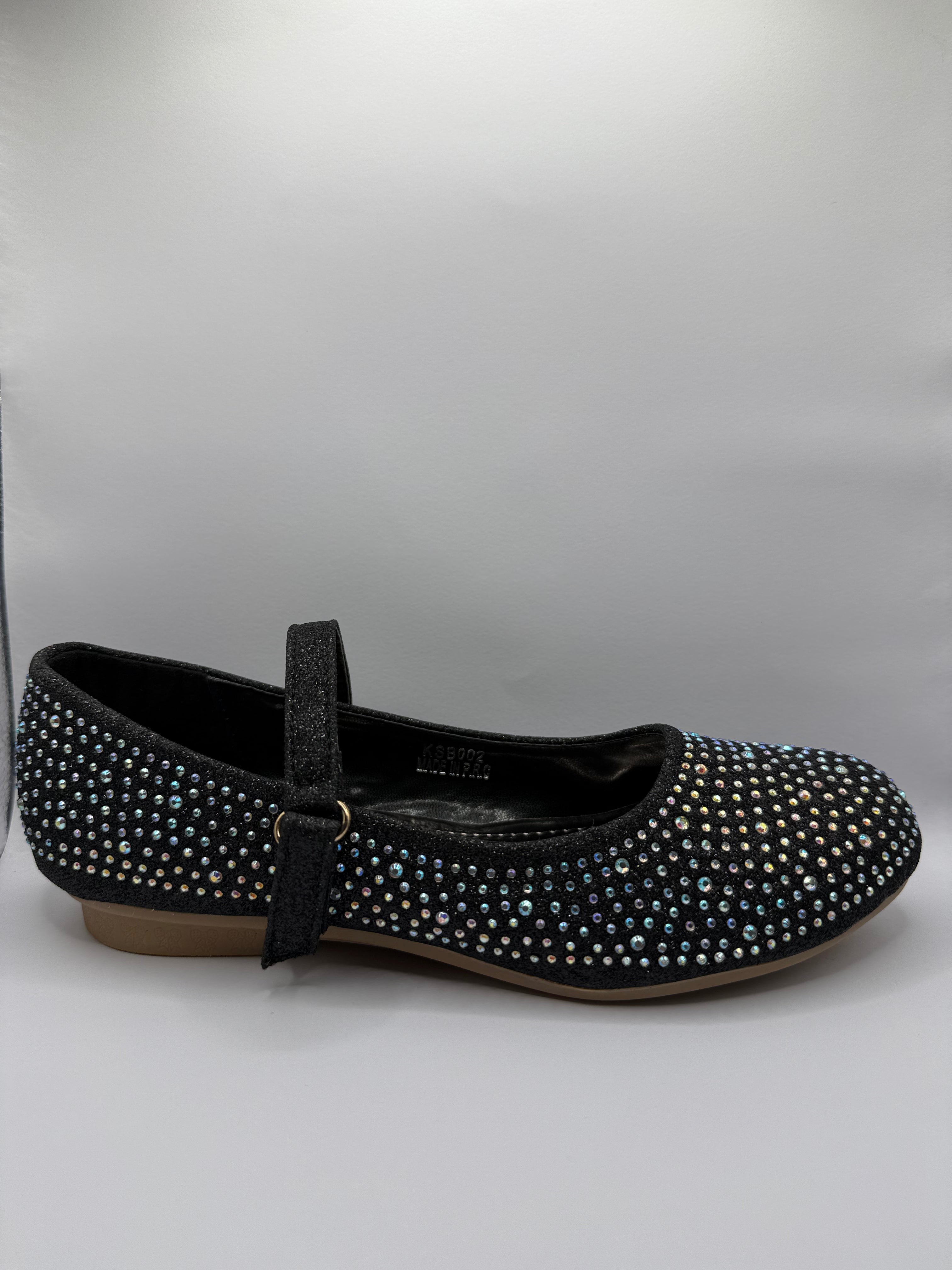 The Shoe Box Boutique Girls Black Glitter Mary Jane Shoes with Iridescent Rhinestones
