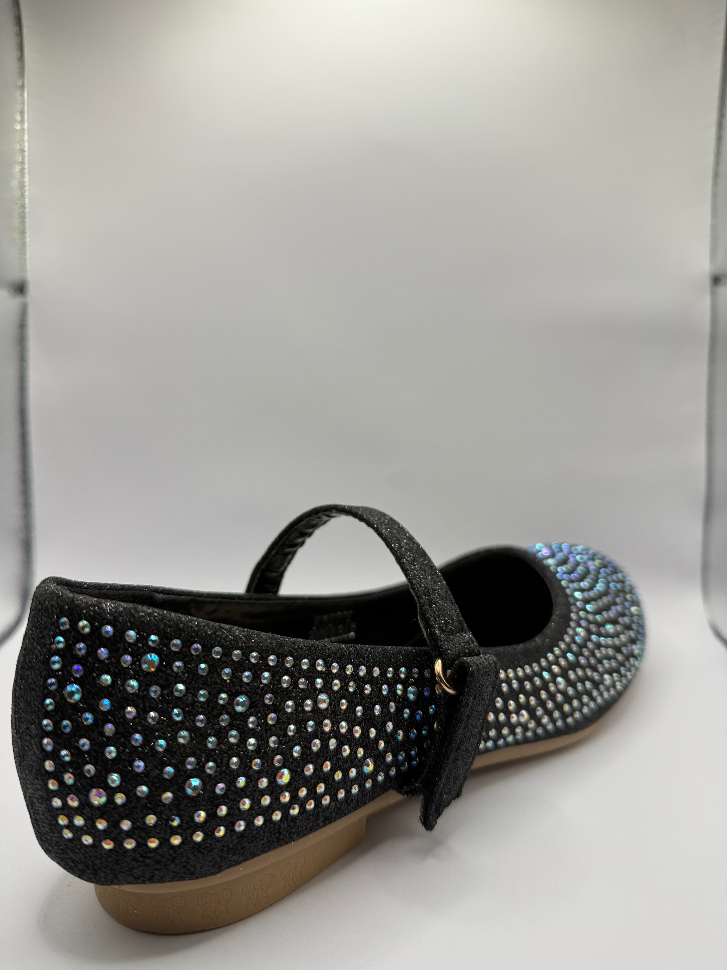 The Shoe Box Boutique Girls Black Glitter Mary Jane Shoes with Iridescent Rhinestones