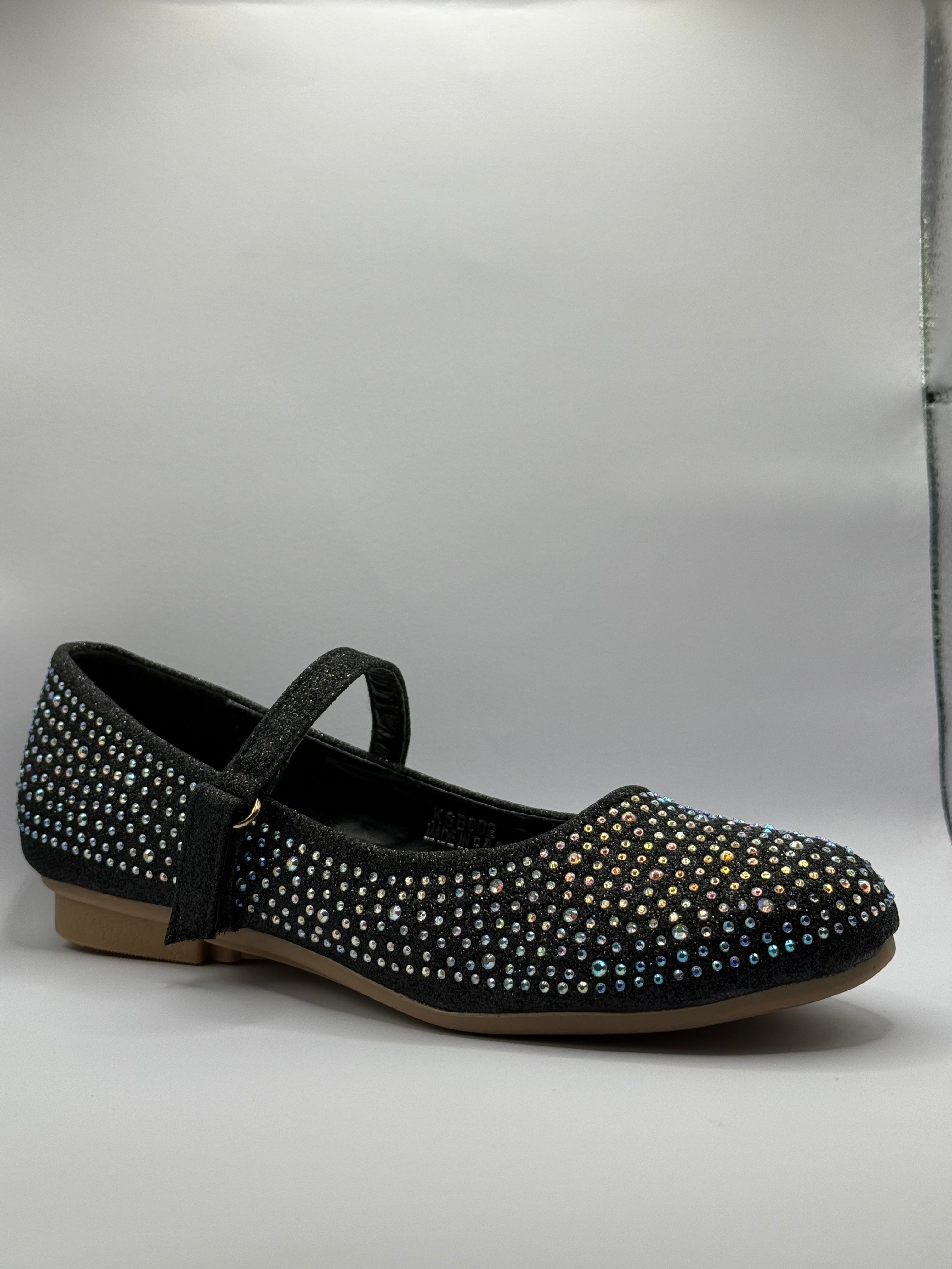 The Shoe Box Boutique Girls Black Glitter Mary Jane Shoes with Iridescent Rhinestones