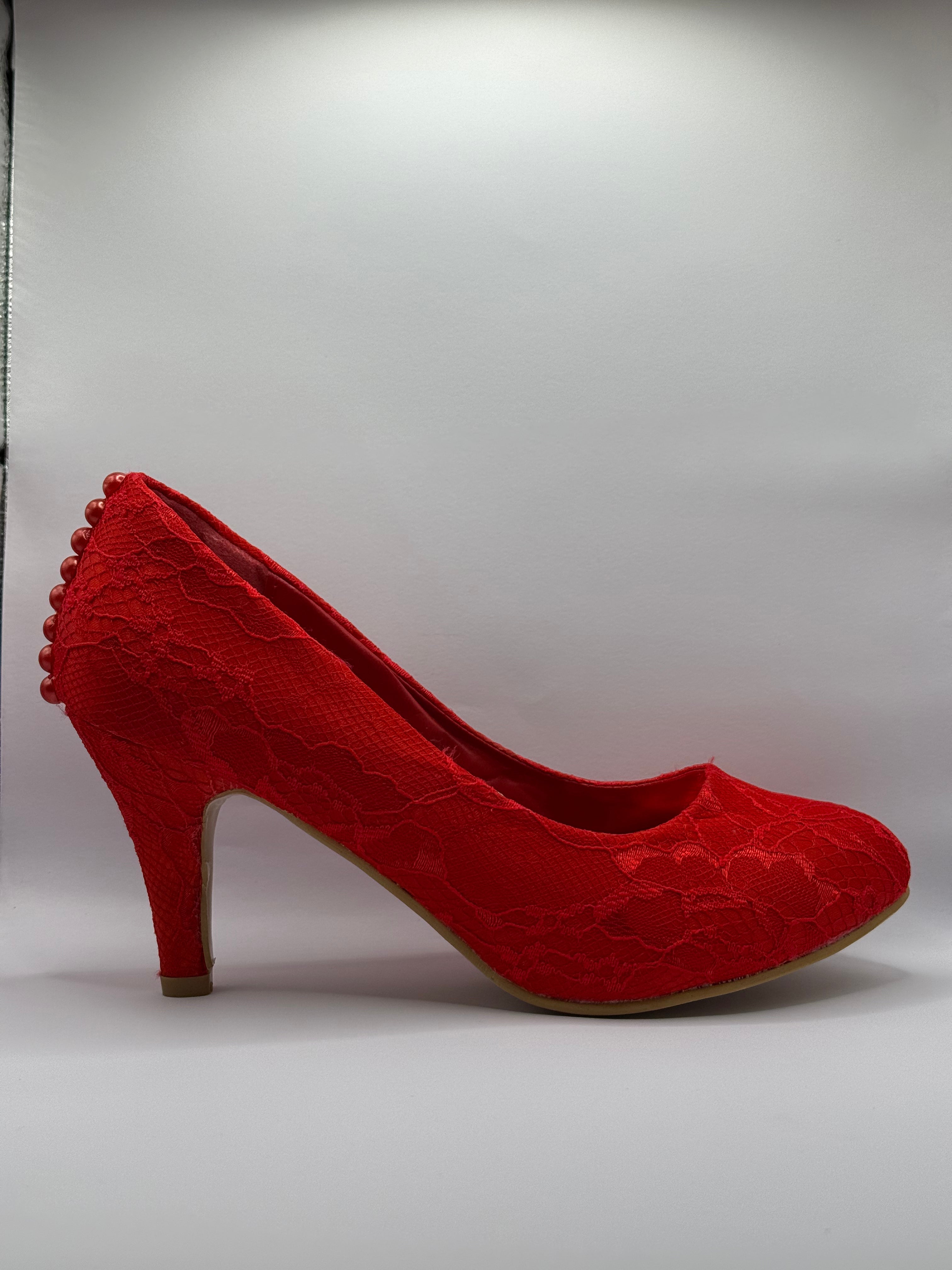 The Shoe Box Boutique Red Floral Lace Stiletto High Heels for Women