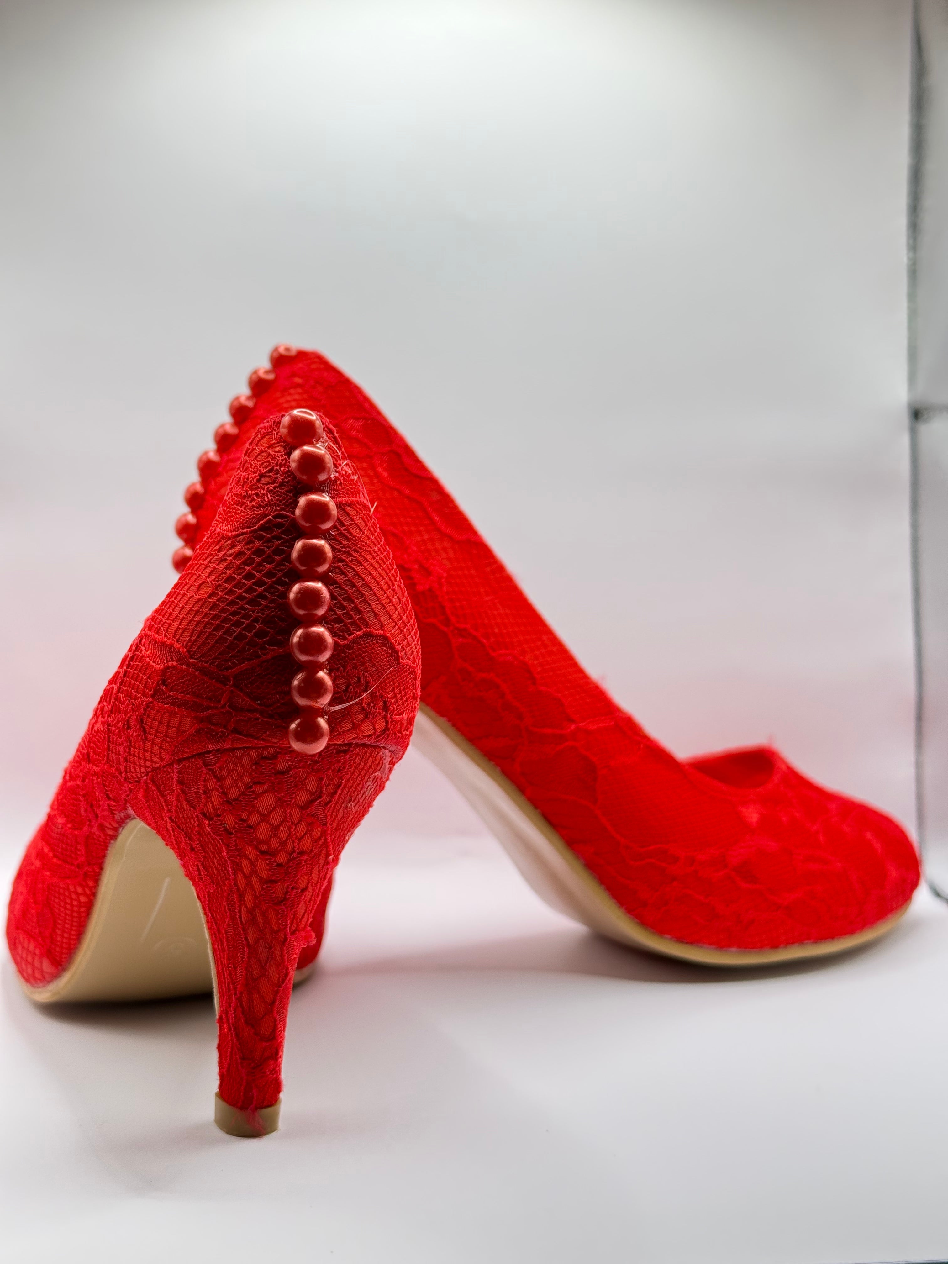 The Shoe Box Boutique Red Floral Lace Stiletto High Heels for Women