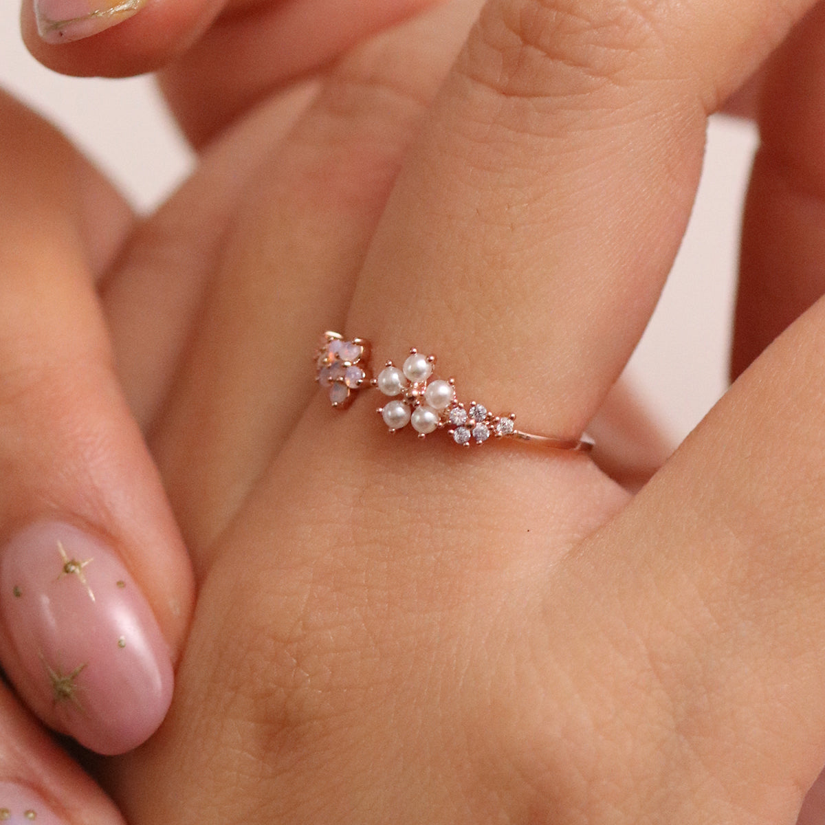 Moonstone & Pearl Flower Adjustable Ring-3