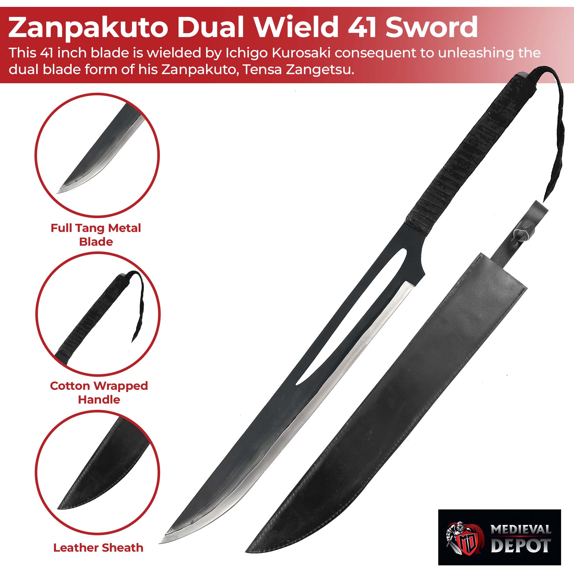 Japanese Anime Ichigo Kurosaki Zanpakuto Dual Wield 41" Sword-2