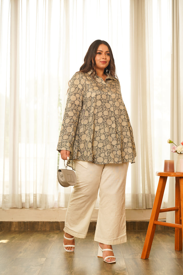 Grey Floral Printed Flared Muslin Top-4