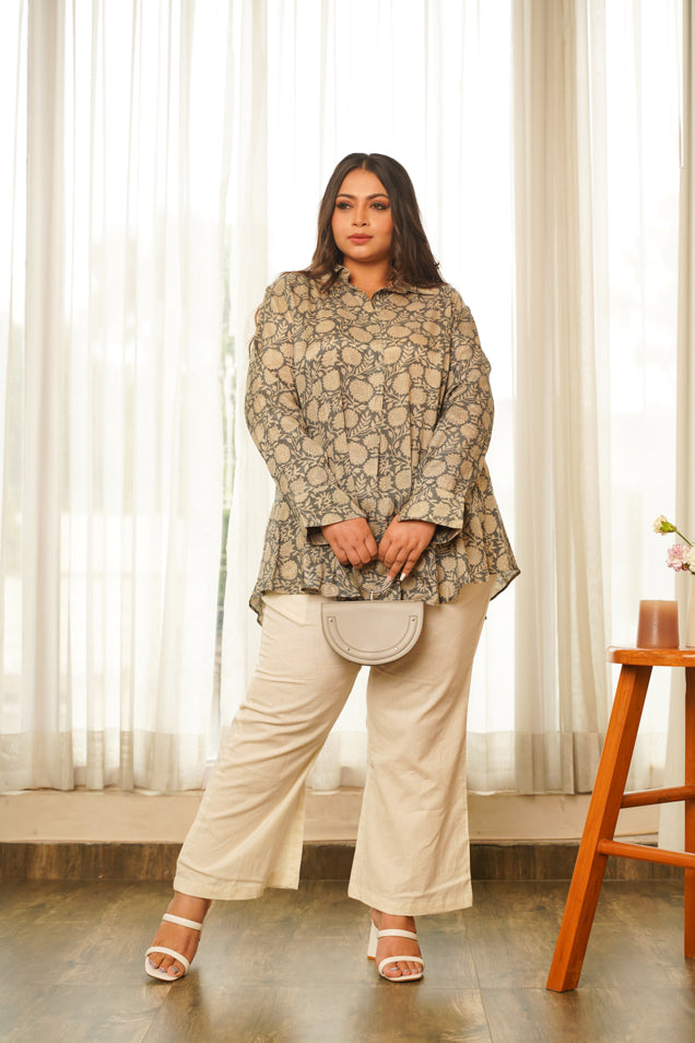 Grey Floral Printed Flared Muslin Top-3
