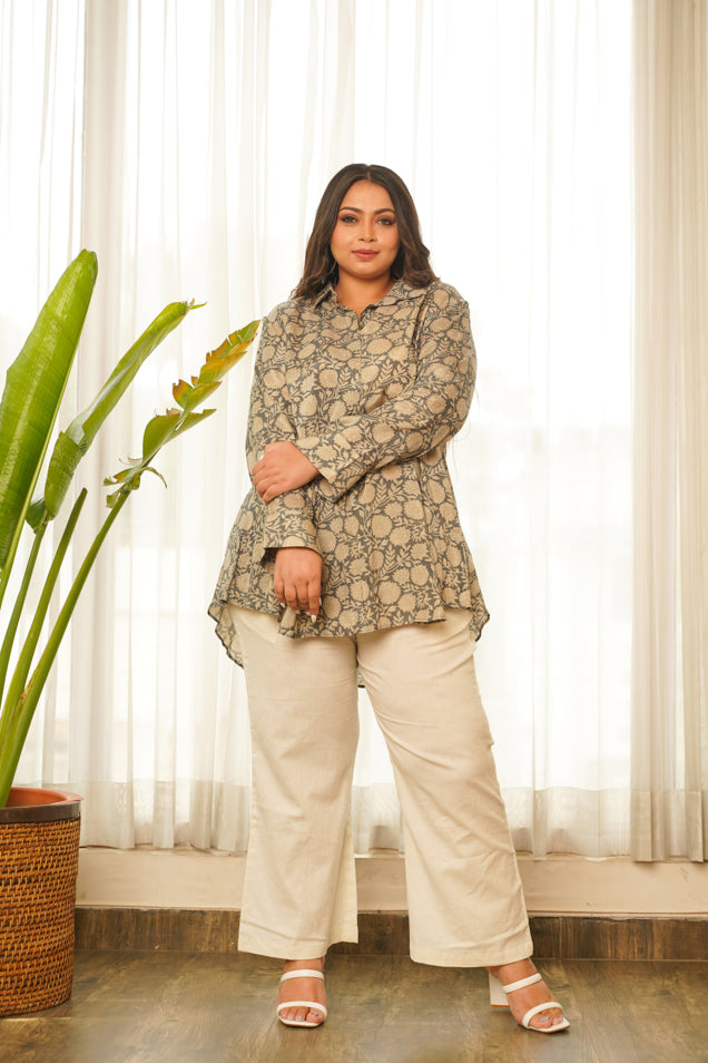 Grey Floral Printed Flared Muslin Top-0