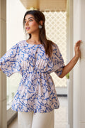 Blue Floral Short Sleeve Casual  Cotton Top for Women-0