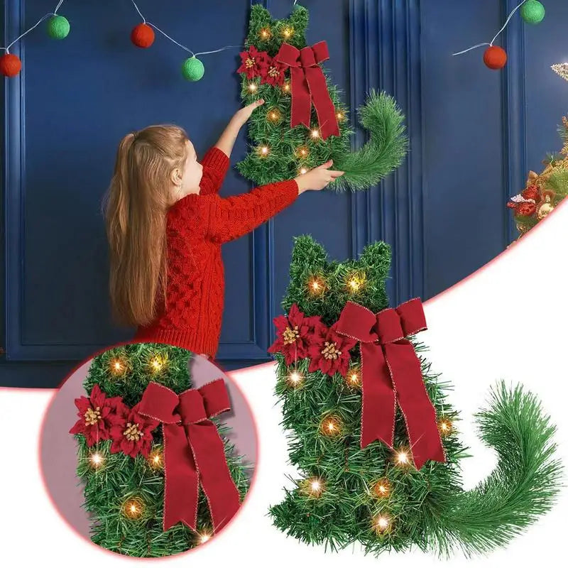 LED Christmas Cat Wreath with Pine Needles and Lights